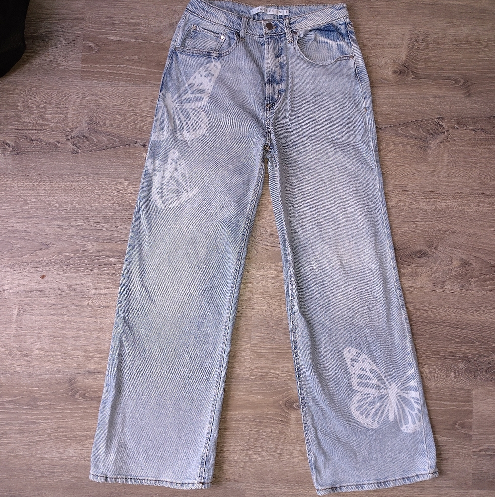 Tinseltown Jeans Womens 9 Blue Denim Pants Light Wash Baggy Butterfly Print Wide